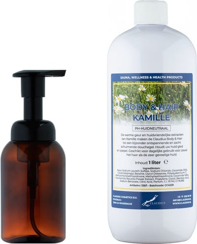 Zeepdispenser 300 ml amber bruin hervulbaar + 1 liter Body & Hair Kamille navulling