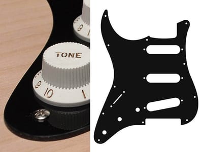 Boston SL-113-B pickguard, Stallion, standard, SSS, 3 pot holes, 3-5 switch, lefthanded, 1 ply, black