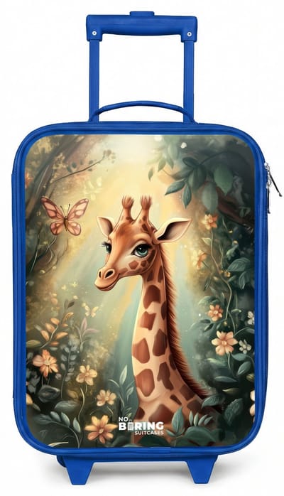 NoBoringSuitcases.com® - Kinderkoffer blauw - Kindertrolley jongen - Jonge giraf tussen bloemen in zonnig woud - Koffer kind lichtgewicht - Reiskoffer trolley voor kinderen - Koffertje met lichtgevende wieltjes - Rolkoffer