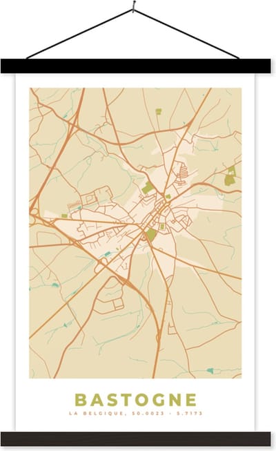 Posterhanger incl. Poster 40x60 cm - Schoolplaat - Stadskaart - Kaart - Bastenaken - Vintage - Plattegrond - Textielposter - Zwarte latten - Stadskaart
