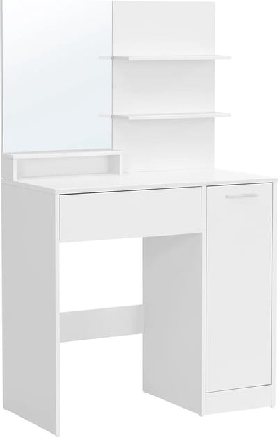 Kaptafel, kaptafel met spiegel, 1 lade, 2 planken, opbergkast, make-up organizer, wit