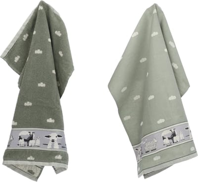 Luxe Keukendoek en Theedoek Schaap Donkergroen van Bunzlau Castle | 100% Biologisch Katoen | Keukendoek 60x53cm en Theedoek 65x65cm