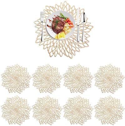 Dailygoods- Tafelmat 8 Stuks - Ronde Placemats - PVC - Hittebestendig - Antislip - Wasbaar - Gouden Bloemvorm