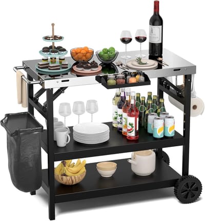 COSTWAY Grilltafel met 3 planken, grillwagen met verstelbare plank, telefoonstandaard, kruidenrek, handdoekhouder, zakdoekhouder en haken, outdoor serveerwagen bijzettafel