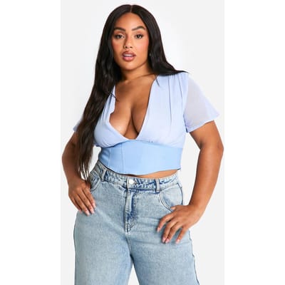 boohoo Dames Plus Mesh Gepleisterd Korsettop | Babyblauw | Maat: 54