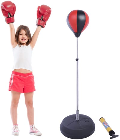 MEUNIQ Boksbal set met standaard 125-145 cm verstelbaar, staande punchingball met bokshandschoenen en luchtpomp, rood, met vulbare voet voor thuistraining