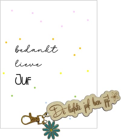 Sleutelhanger en kaartje JUF | blauw | stippen | jij bent de liefste | liefste juf | topjuf | einde schooljaar | cadeau