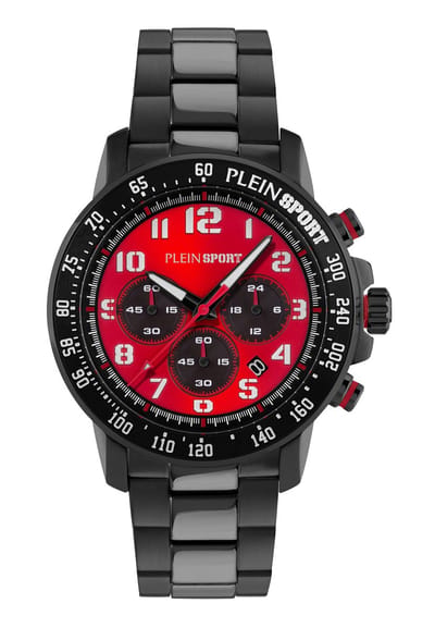 Plein Sport Chronorace Quartz Chronograaf Horloge Gunmetal Kast Gemaakt Van 100% Gerecycled Roestvrij Staal En Een Armband Van 100% Siliconen 45 PSJGA0126, PSJGA0226, PSJGA0326, PSJGA0526