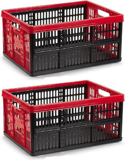 PlasticForte Boodschappenkrat - 2x stuks - 32L - 48 x 35 x 24 cm - vouwkrat - opvouwbaar - zwart/rood