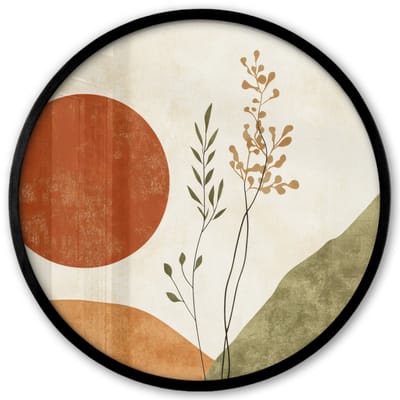Poster in lijst Rond - Fotolijst 40x40 cm - Posters - Zon - Abstract - Takken - Oranje - Ronde posterlijst zwart - Decoratie - Wanddecoratie woonkamer - Muurdecoratie slaapkamer