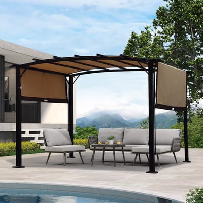 Pugsdrly Vervangend dak voor 12 x 9 voet grote, gebogen pergola-constructie voor buiten, waterdichte zonwering voor terras en balkon, UV-bestendige zonwering (beige)