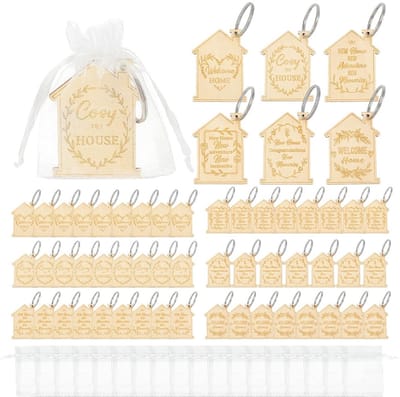Dailygoods- Sleutelhanger Houten Huisvorm - 60 Stuks - Sleutelhanger Ringen - Organza Zakjes - Nieuwe Thuis - Geschenken Familie - Huissleutelhanger
