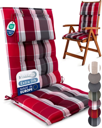 Beautissu Sun-HL – Premium Hoge Rugleuning Stoelkussen 120x50 cm – UV-bestendig – 8cm Dik – met Hoofdkussen & Bevestigingsbanden – Antislip – Rood Antraciet Gestreept