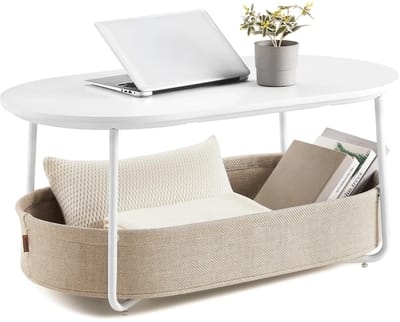 M-Goods - Ovale Salontafel met Opbergruimte - Moderne Salontafel - Salontafel Wit - Stoffen Opbergmand - 100 x 55 cm