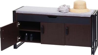 Opbergbank met kussen - Commode bank - Hal en keuken - 3D-structuur metaal - 53x110x30cm - Donkerbruin