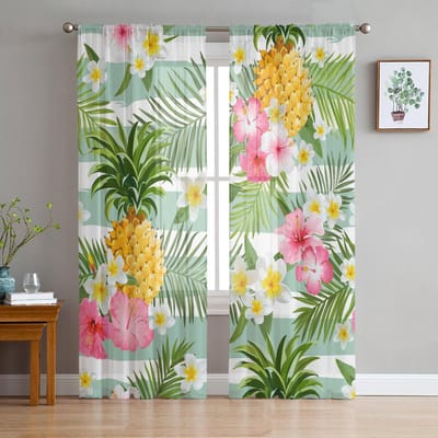 Ananas en Tropische Bloemen Transparante Gordijnen voor Woonkamerdecoratie Raamgordijnen voor Keuken Tule Voile Organza Gordijnen W135 x H115cm x1 white