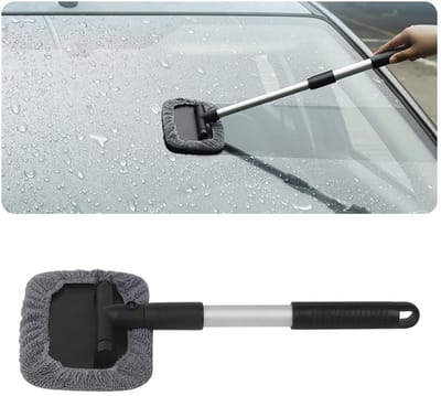 Dailygoods- Autoruitreiniger met lange handgreep - Microvezel reinigingsborstel - Intrekbare borstel - Universele toepassing - Grijze rechthoek - Hoogwaardige microvezelpads - Ruitenreiniger