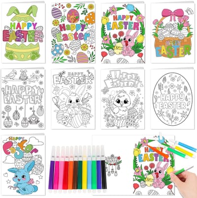 Cosensi- Paaskaarten 9 Stuks - Paaskaarten om te Beschilderen - Vrolijke Pasen - Knutselset - Envelopstickers - Verfpenseelstiften - Kleurkaarten
