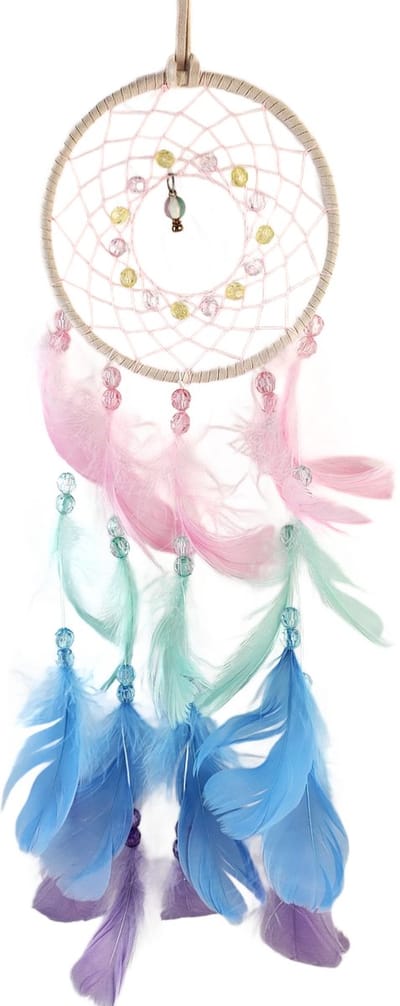 Droomvanger - veren - 57cm hoog - veren kralen roze blauw groen