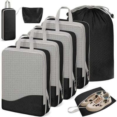 Famanu – 8-delige set compressie verpakkingskubussen - duurzaam zwart materiaal - ideaal voor reisorganizer - bespaart ruimte in koffers en rugzakken - handig voor kleding en accessoires
