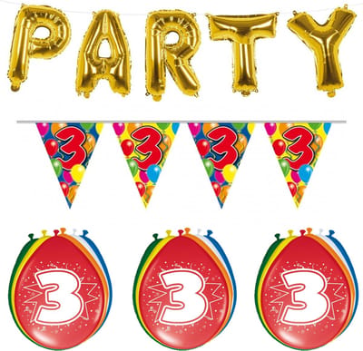 Folat - Verjaardag feestversiering 3 jaar PARTY letters en 16x ballonnen met 2x plastic vlaggetjes