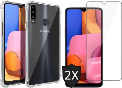 Hoesje geschikt voor Samsung A20s en Screenprotector - Transparant Shock Proof Case Cover Hoes + 2x Screenprotector Glas Tempered Glass Screen Protector