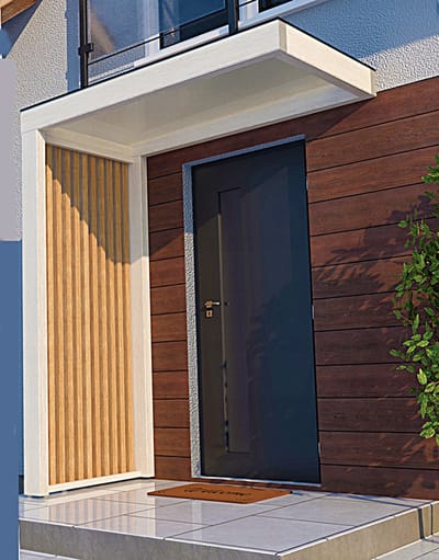 Deurluifel ALBA 90 x 300 x 250 cm - Wit - Moderne Luifel met Zijpaneel (L/R) - BSH Constructiehout (Brettschichtholz) en Gehard Glas - model A30 – Zinken Rand - inclusief Montage op Locatie