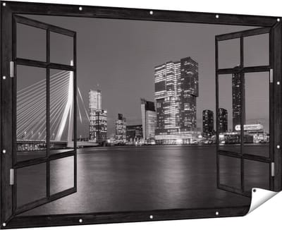 Gards Tuinposter Doorkijk Rotterdamse Skyline - Zwart Wit - 180x120 cm - Tuindoek - Tuindecoratie - Wanddecoratie buiten - Tuinschilderij
