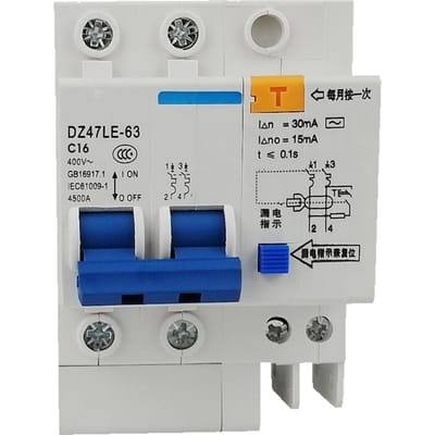 Miniatuur aardlekschakelaar 2 polen 30mA 400V huishoudelijke elektrische lekbeschermer 16A