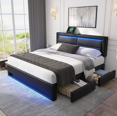 MEUNIQ gestoffeerd bed 140 x 200 cm met lattenbodem, USB-laadfunctie, draadloos opladen, LED-verlichting, 4 lades, tweepersoons bed voor slaapkamer, zwart