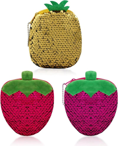 Vrouwelijke Mini Portemonnee met Schattig Fruitpatroon, Zipper, Sequins, Ideaal voor Reizen, Werken en Winkelen in Rood, Roze en Geel