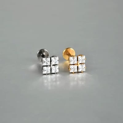 Titanium labret Zilver - 1.2mm - 8 mm - Labret 4 steentjes in vierkant - Lev Sieraden - Externally threated - Piercing - labret piercing - neuspiercing staafje - tragus piercing - Oorpiercing - Madona piercing