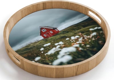 Dienblad rond 40x40 cm - Schootdienblad hout - Heuvel - Huisje - Bloemen - Wit - Borrelplank rechthoek - Plateau houten dienbladen