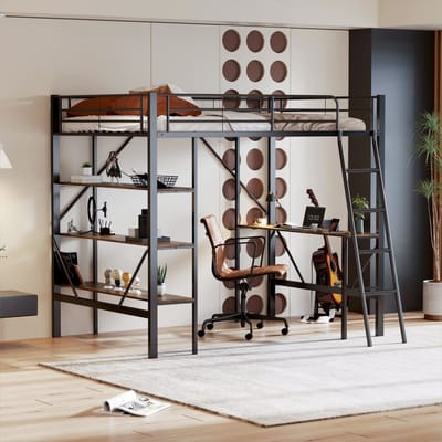 Sweiko 90x200cm Bed frame Metalen bed, Ijzeren bed, Loft bed met Bureau en 3 Grote planken voor Kinderen, Tieners en Volwassenen, Zwart