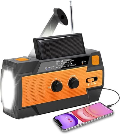 Noodradio - Draagbare weerradio - Noodradio op zonne-energie met handslinger - AM/FM/NOAA - Geschikt voor het orkaanseizoen, met 1W LED-zaklamp, telefoonoplader en leeslampje met bewegingssensor.