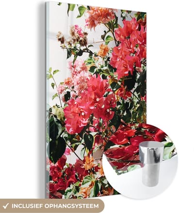 MuchoWow® Glasschilderij 120x180 cm - Schilderij acrylglas - Bloemen - Struik - Zomer - Roze - Foto op glas - Schilderijen