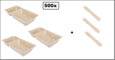 500x Frietbakje A7 met sausvak suikerriet met houten frietvork - friet patat bakje snack next generation carnaval festival thema feest