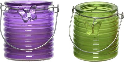 Citronella windlicht met kaars - paars en groen - 20 branduren - citrusgeur