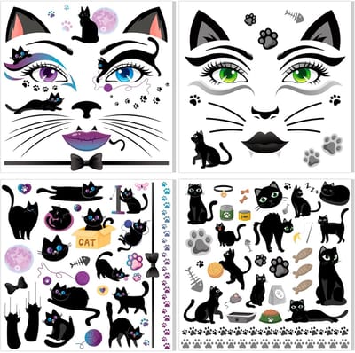 Dailygoods- Gezichtstatoeages 4 Stuks - Halloween Stickers - Kattengezicht - Kostuums - Carnaval - Feestaccessoires - Tatoeage Stickers