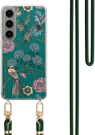 Hoesje met koord geschikt voor Samsung Galaxy S23 - Vogels Japanse bloemen - Inclusief Groen koord - Crossbody beschermhoes - Transparant, Groen - Mooie Telefoonhoesjes