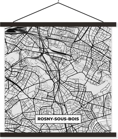 Posterhanger incl. Poster 60x60 cm - Schoolplaat - Stadskaart - Frankrijk - Kaart - Rosny-sous-Bois - Plattegrond - Textielposter - Zwarte latten - Stadskaart