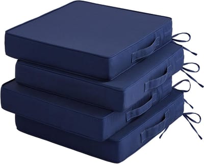 Tuinstoelkussens, set van 4, waterdichte terrasstoelkussens, 48,3 x 48,3 x 7,6 cm, terraskussen voor tuinmeubilair, vervangend kussen voor buitenmeubels met handvat en banden, marineblauw
