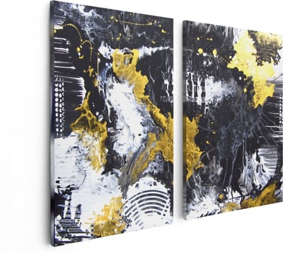 Artaza Canvas Schilderij Tweeluik Abstracte Kunst met Zwart, Wit en Goud - 80x60 - Foto Op Canvas - Canvas Print