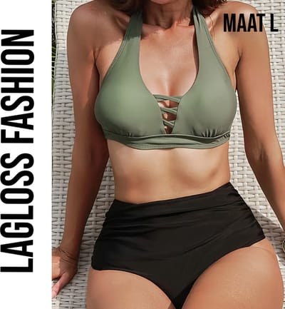LaGloss® Bikini Olijf Groen & Zwart met Strikband – 2-delig Swimsuit - Modieuze Zomer Badmode - Maat L