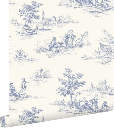 ESTAhome behang toile de jouy print blauw en wit - 0.53 x 10.05 m - 132110