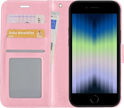 Hoes - Met Pasjeshouder - Geschikt voor Apple iPhone SE (2022) - Luxe Bookcase Portemonee - Flip Case - Kunstleer Book Case - Flipcase - Book Cover - Walletcase - PortemonneeHoes - Lichtroze