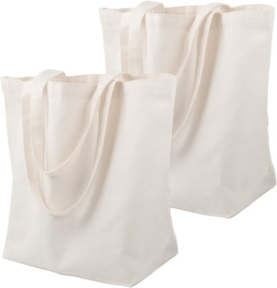 Set van 2 Katoenen Tassen, Onbedrukt, 45 x 35 x 15 cm, Natuurlijk Beige, Herbruikbare Tas voor Creatieve Projecten, Lange Handvatten en DIY Schilderen