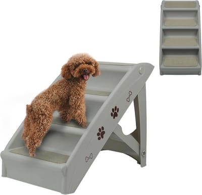 Inklapbare Hondentrap met 4 Treden - Antislip Kattentrap voor Sofa en Bed - Opvouwbare Huisdiertrap (Grijs)