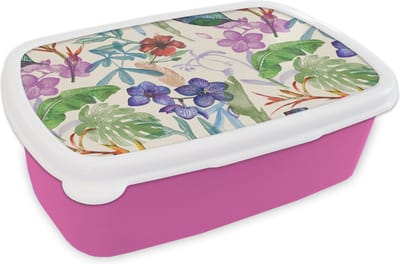 Broodtrommel Roze - Lunchbox - Brooddoos - Jungle - Bloemen - Patronen - 18x12x6 cm - Kinderen - Meisje