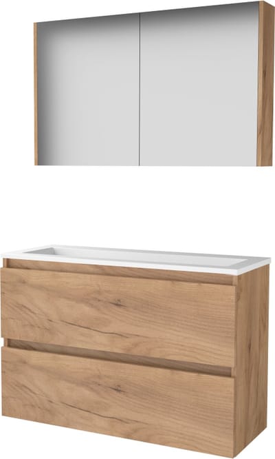 Basic Comfort 39 badmeubelset met spiegelkast, greeploze wastafelonderkast met 2 lades en acryl wastafel zonder kraangaten 100 x 39 cm, whisky oak